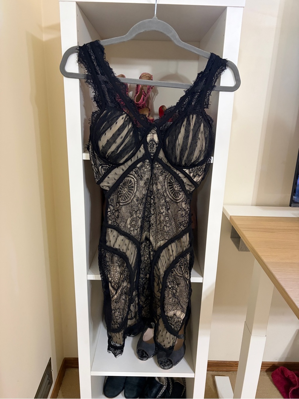 VENUS Black Lace over Nude Sheer Mini dress| size small